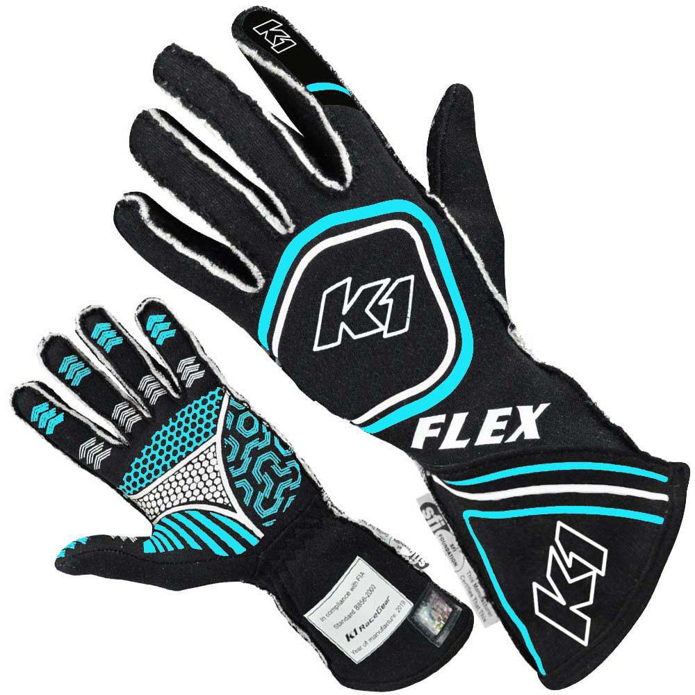 K1 Racegear 23-FLX-NFB-M Driving Gloves, Flex, SFI 3.3/5, FIA Approved, Double Layer, Nomex, Silicone Palm, Black / Blue, Medium, Each