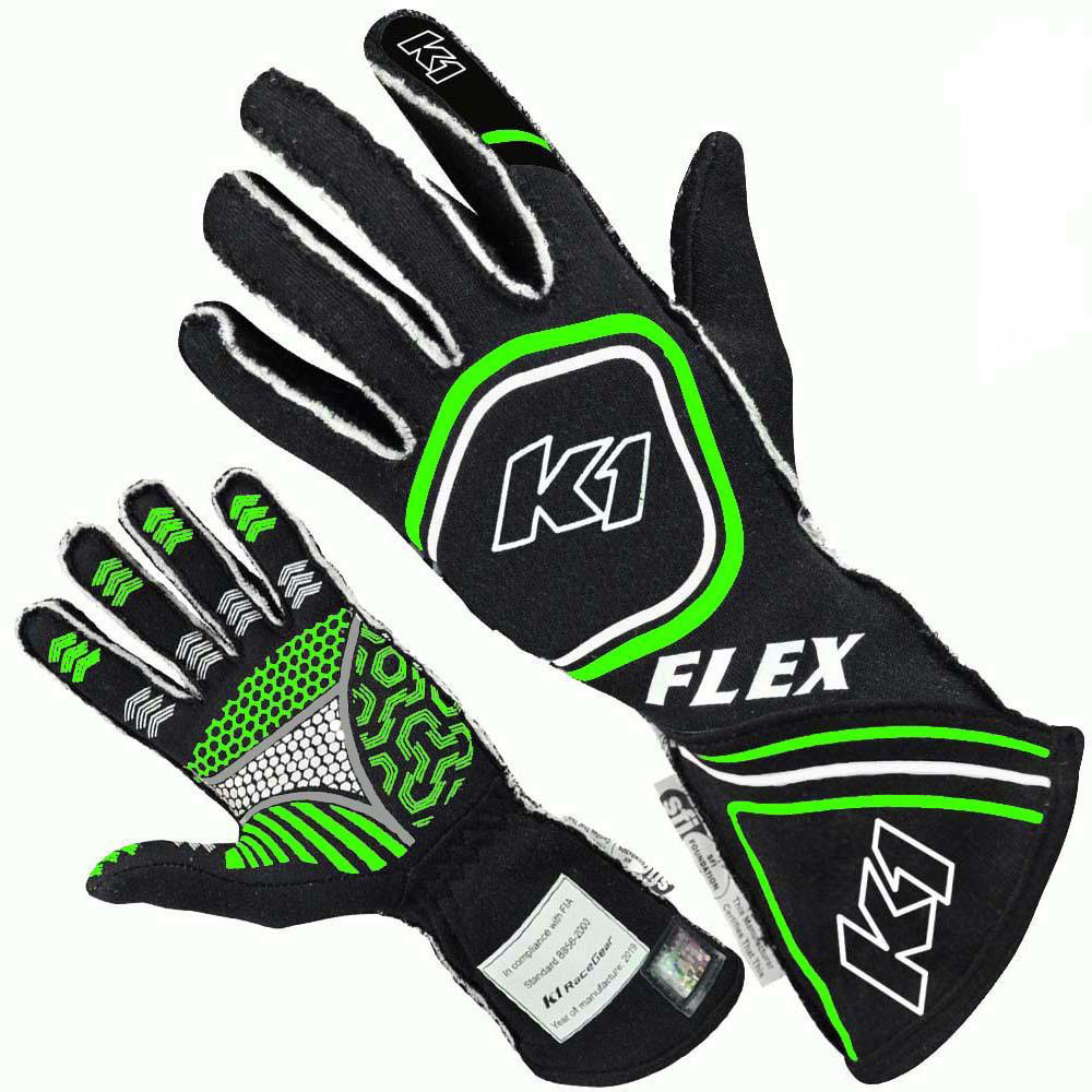 K1 Racegear 23-FLX-NFV-XL - Gloves, Flex, Driving, SFI 3.3/5, FIA Approved, Double Layer, Nomex, Silicone Palm, Black / Green, X-Large, Each