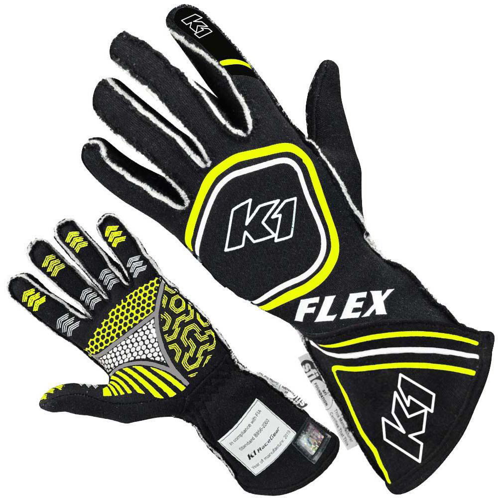 K1 Racegear 23-FLX-NFY-L - Gloves, Flex, Driving, SFI 3.3/5, FIA Approved, Double Layer, Nomex, Silicone Palm, Black / Yellow, Large, Each