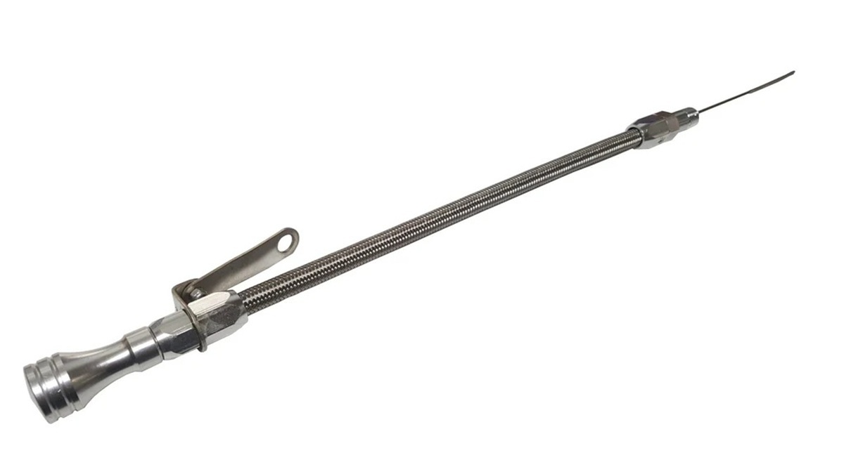 Engine Oil Dipstick - Flexible - Pan Mount - 1/4 in NPT Thread - 20 in Long - Aluminum / Stainless - Natural - Universal - Each