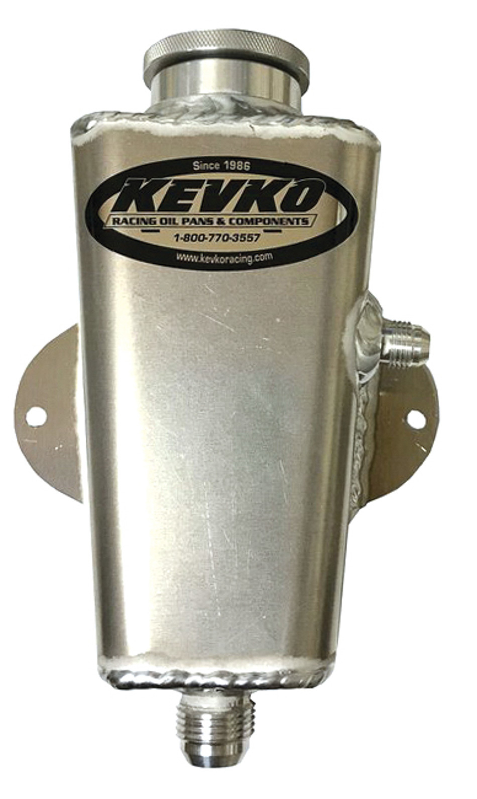 Kevko Oil Pans K9087-LV Power Steering Reservoir, Bolt-On, Firewall Mount, 10 AN Male Bottom Outlet, 6 AN Male Driver Side Outlet, Vented Cap / Hardware Included, Aluminum, Clear Anodized, Universal, Each