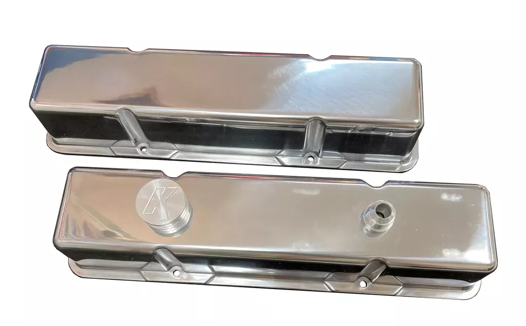 Kevko Oil Pans VC203-2 Valve Cover, Tall, 3-3/4 in Tall, Baffled, Evacuation Fitting, Aluminum, Polished, Small Block Chevy, Pair