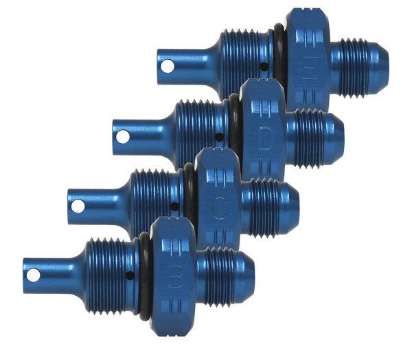 KRC Power Steering 25300912 Flow Control Valve, Power Steering, 6 AN Male to 18 mm, ID Marks BCDE, Aluminum, Blue Anodized, Set of 4