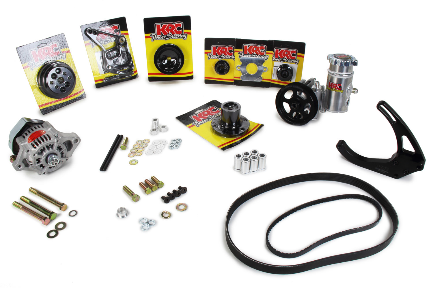 KRC Power Steering KIT67347122 Pulley Kit, Pro Series, 3 and 6-Rib Serpentine, Head Mount PS Pump / Denso Alternator / Hardware / PS Tank Included, Aluminum, Black Anodized, Small Block Ford, Kit
