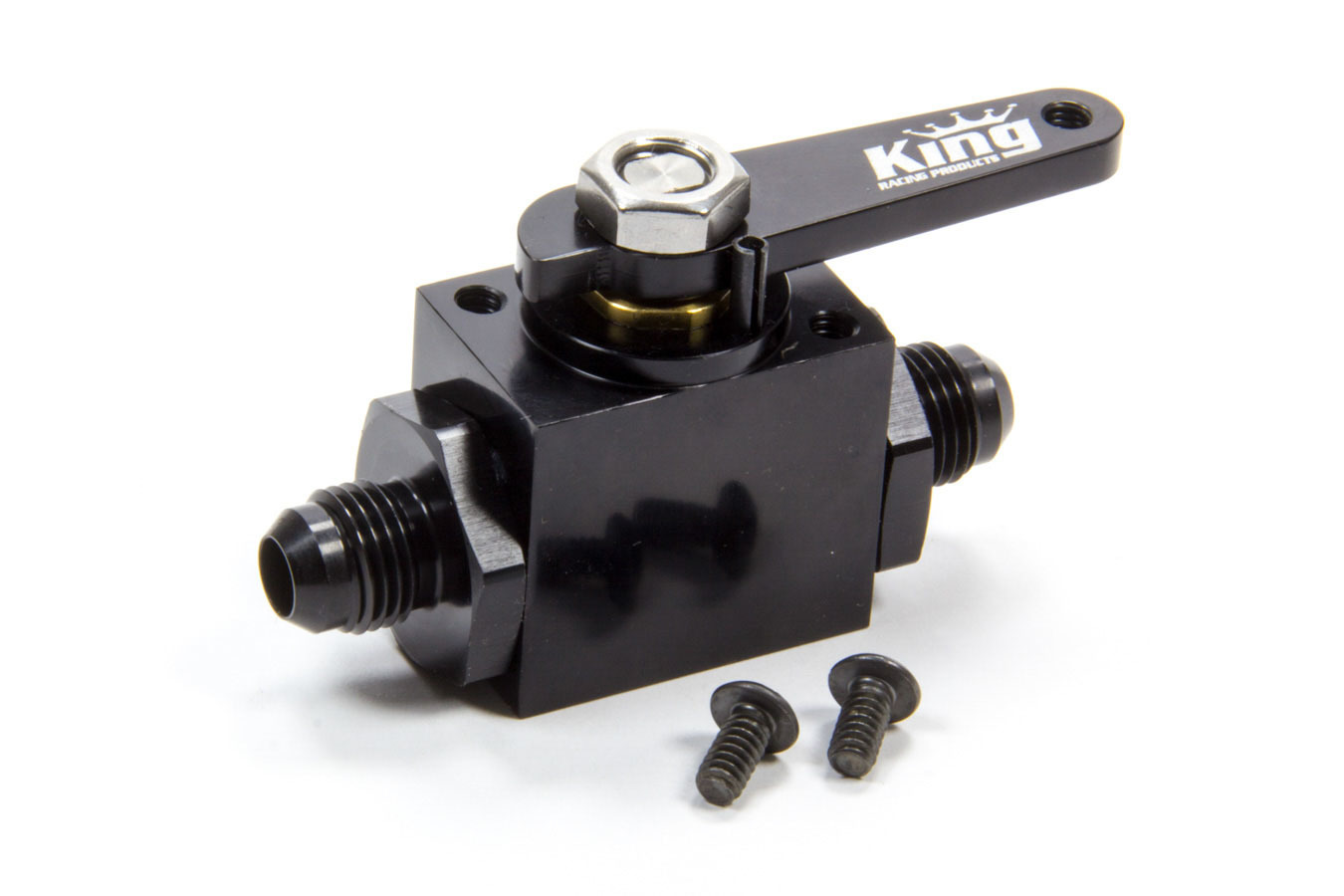 King Racing Products 4500 Shutoff Valve, Fuel Shutoff, In-Line, 6 AN Male Inlet, 6 AN Male Outlet, Aluminum, Black Anodized, Each