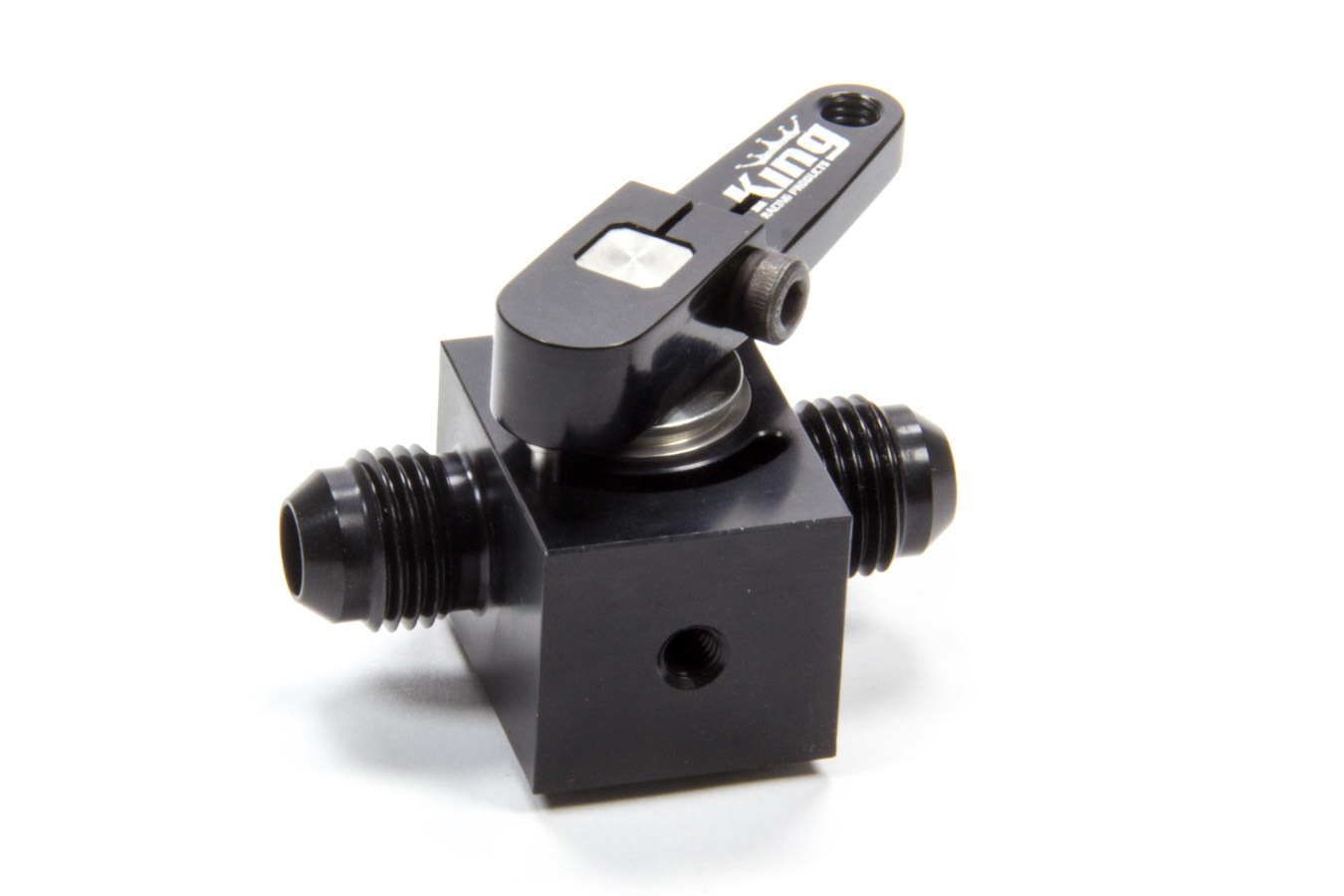 King Racing Products 4510 Shutoff Valve, Fuel Shutoff, In-Line, 6 AN Male Inlet, 6 AN Male Outlet, Aluminum, Black Anodized, Each