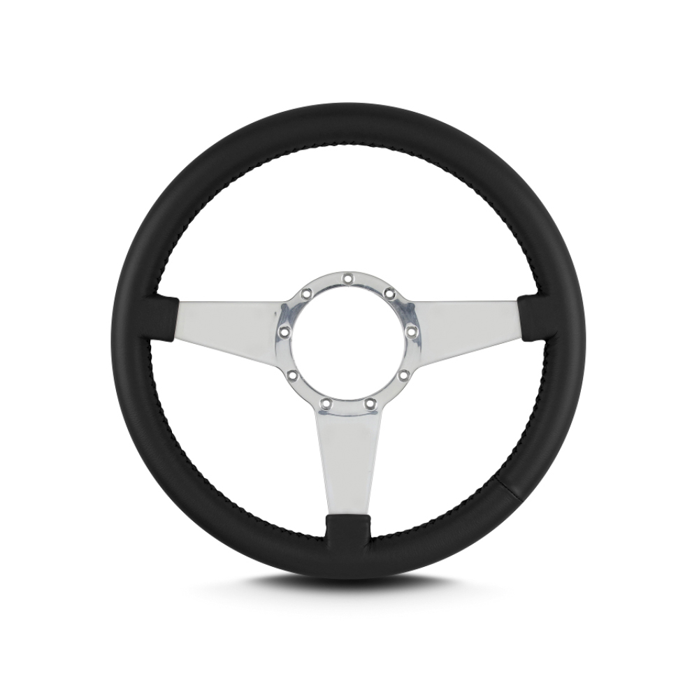Lecarra Steering Wheels 41201 Steering Wheel, Mark 4, 14 in Diameter, 1-1/2 in Dish, 3-Spoke, Black Leather Grip, Aluminum, Polished, Each