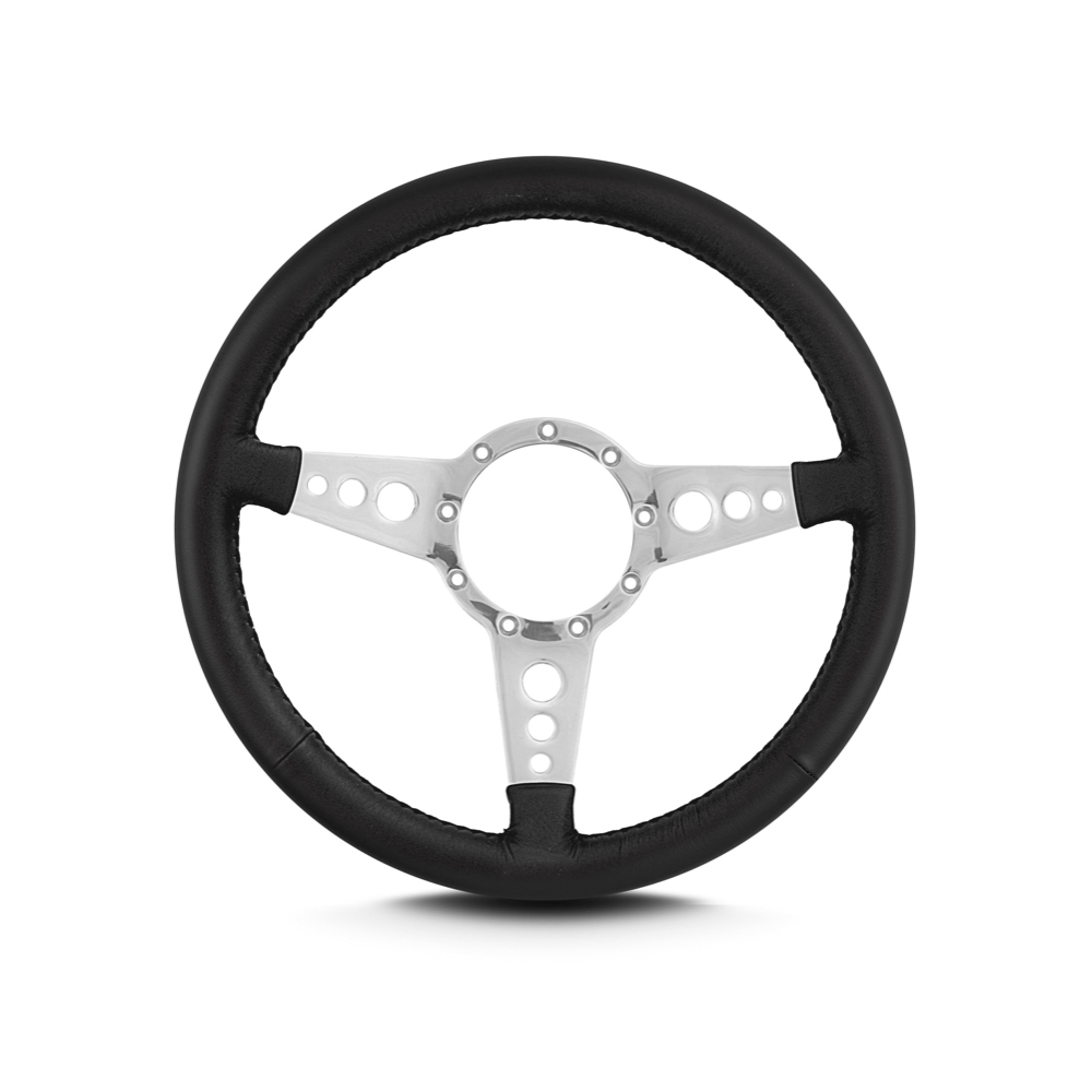 Lecarra Steering Wheels 42201 Steering Wheel, Mark 4 GT, 14 in Diameter, 1-1/2 in Dish, 3-Spoke, Black Leather Grip, Steel, Polished, Each