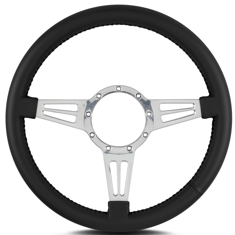 Lecarra Steering Wheels 44401 Steering Wheel, Mark 4 Double Slot, 14 in Diameter, 1-1/2 in Dish, 3-Spoke, Black Leather Grip, Steel, Polished, Each