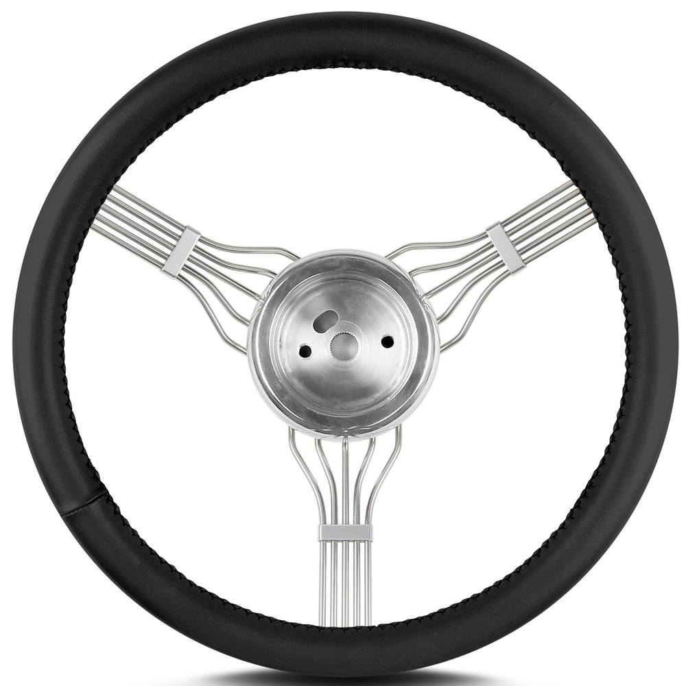 Lecarra Steering Wheels 55301 Steering Wheel, Banjo, 15 in Diameter, 1-1/2 in Dish, 3-Spoke, Black Leather Grip, Stainless, Polished, Each