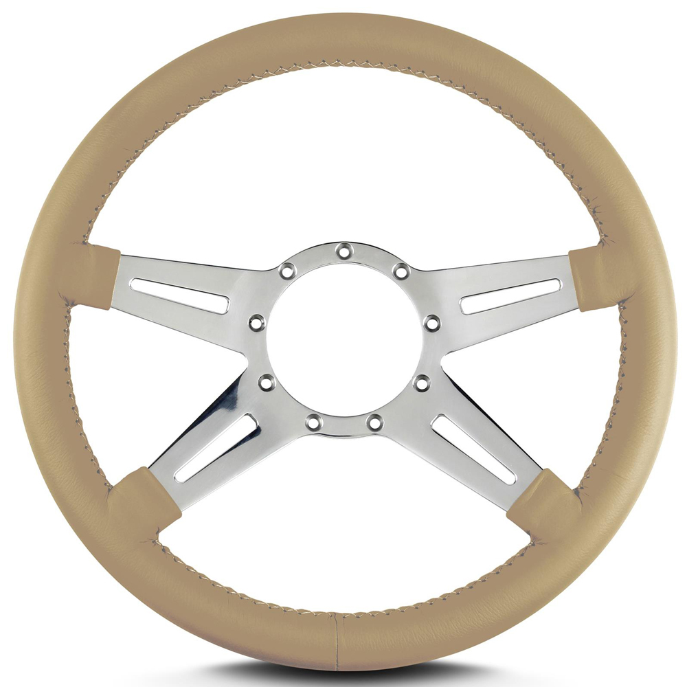 Lecarra Steering Wheels 93209 Steering Wheel, Mark 9 Elegante, 14 in Diameter, 1-1/2 in Dish, 4-Spoke, Tan Leather Grip, Steel, Polished, Each
