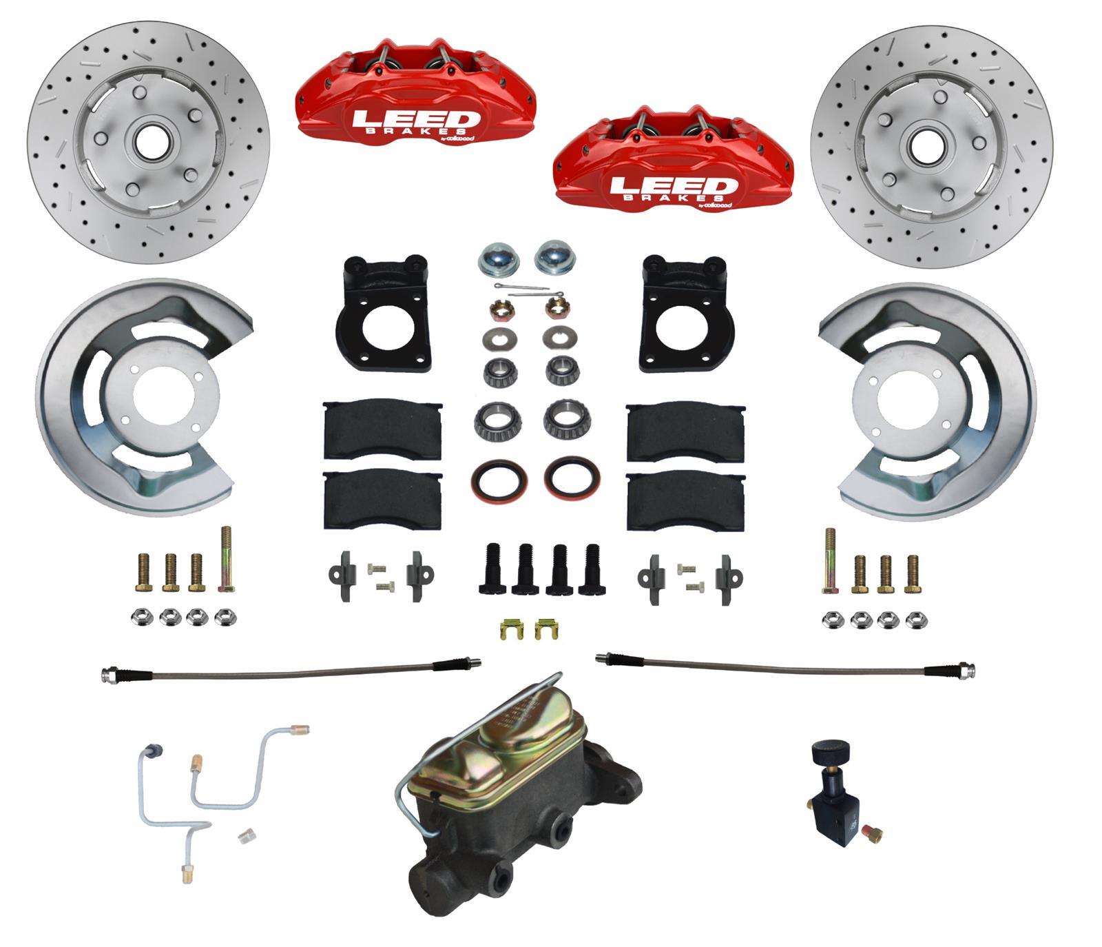 Leed Brakes RFC0005-405X Brake System, MaxGrip Lite, Front, 4 Piston Caliper, 11.33 in Drilled / Slotted Rotor, Pads / Calipers / Dust Cap / Backing Plates / Master Cylinder / Proportioning Valve, Aluminum, Red Powder Coat, Ford Mustang 1965-66, Kit