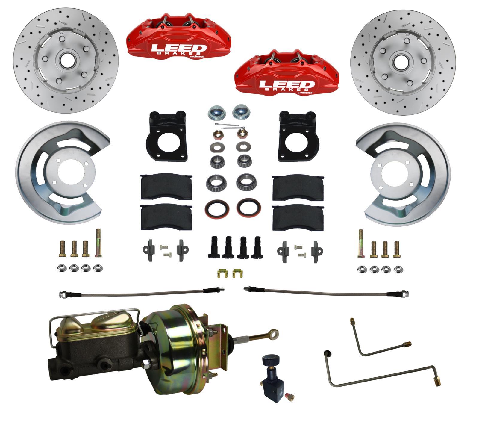 Leed Brakes RFC0005-H405AX Brake System, MaxGrip Lite, Front, 4 Piston Caliper, 11.33 in Drilled / Slotted Rotor, Pads / Calipers / Dust Cap / Backing Plates / Master Cylinder / Brake Booster / Proportioning Valve, Aluminum, Red Powder Coat, Ford Mustang 