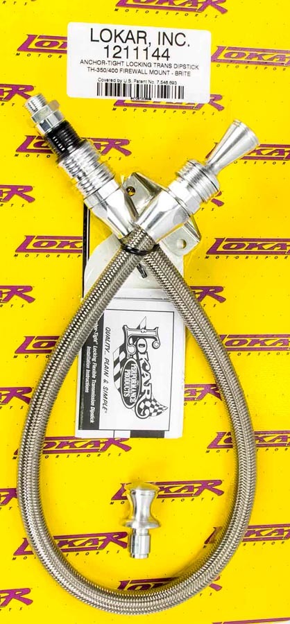 Lokar 1211144 Transmission Dipstick, Anchor Tight, Locking, Firewall Mount, Flexible, Braided Stainless, Aluminum, Clear Anodized, TH350 / TH400, Each