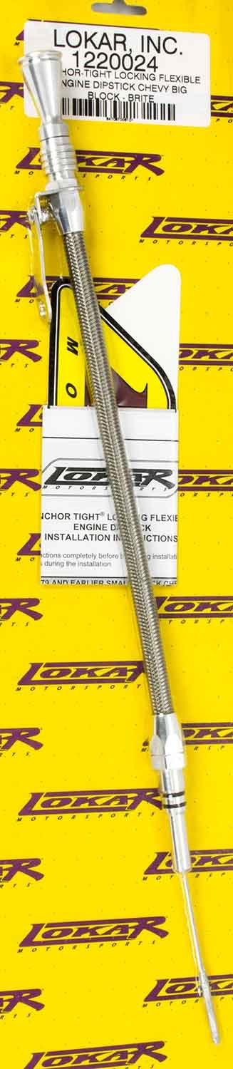 Lokar 1220024 Engine Oil Dipstick, Anchor-Tight, Locking, Pan Mount, Braided Stainless, Aluminum, Clear Anodized, Big Block Chevy, Each