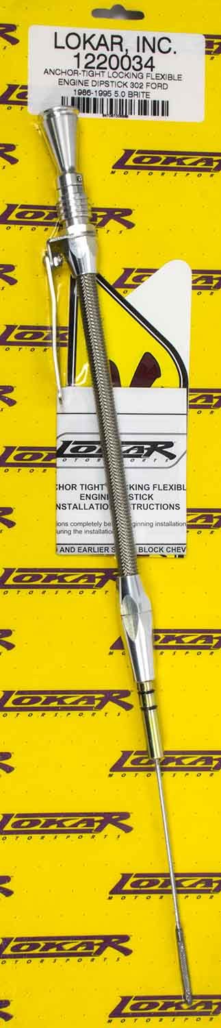 Lokar 1220034 Engine Oil Dipstick, Anchor-Tight, Locking, Block Mount, Braided Stainless, Aluminum, Clear Anodized, Small Block Ford, Each