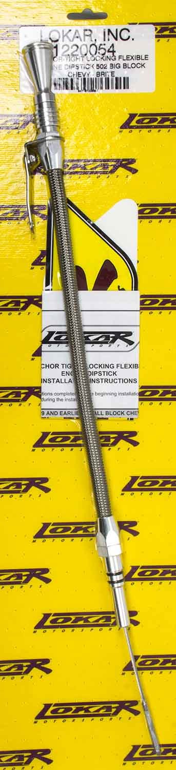 Lokar 1220054 Engine Oil Dipstick, Anchor-Tight, Locking, Pan Mount, Braided Stainless, Aluminum, Clear Anodized, Big Block Chevy, Each
