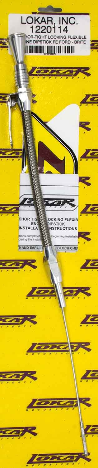 Lokar 1220114 Engine Oil Dipstick, Anchor-Tight, Locking, Block Mount, Braided Stainless, Aluminum, Clear Anodized, Ford FE-Series, Each