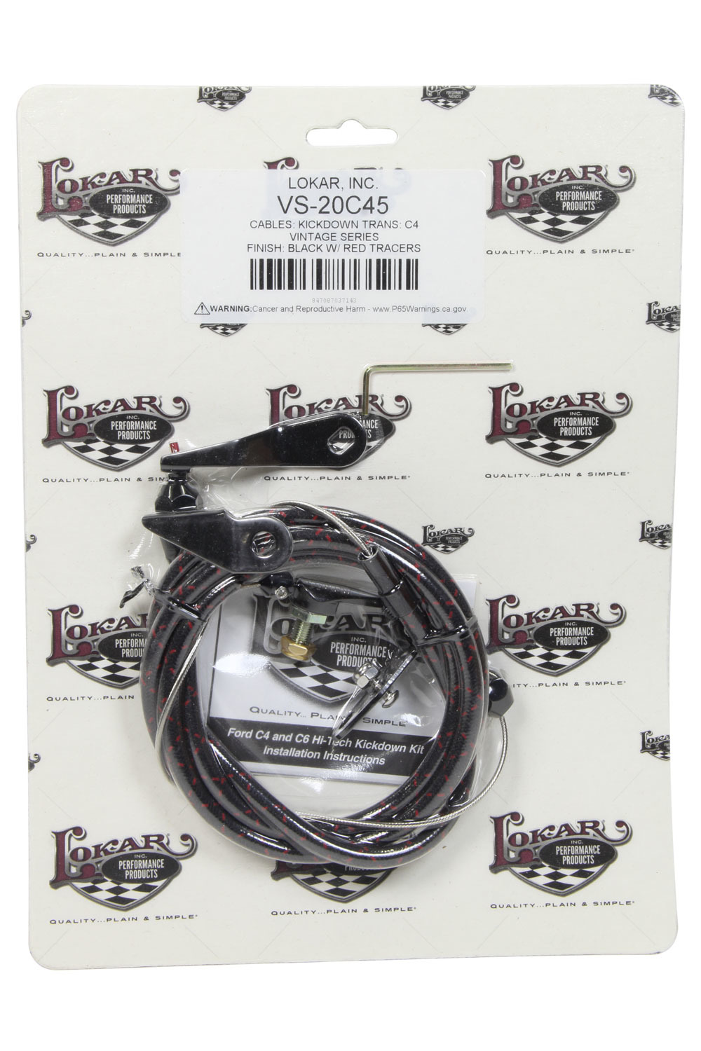 Lokar VS-20C45 Kickdown Cable, Vintage Series, 60 in Length, Woven Cotton, Aluminum Fittings, Black / Red, Ford C4, Kit