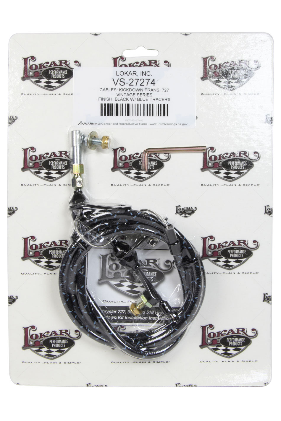 Lokar VS-27274 Kickdown Cable, Vintage Series, 60 in Length, Woven Cotton, Aluminum Fittings, Black / Blue, A727, Torqueflite, Kit