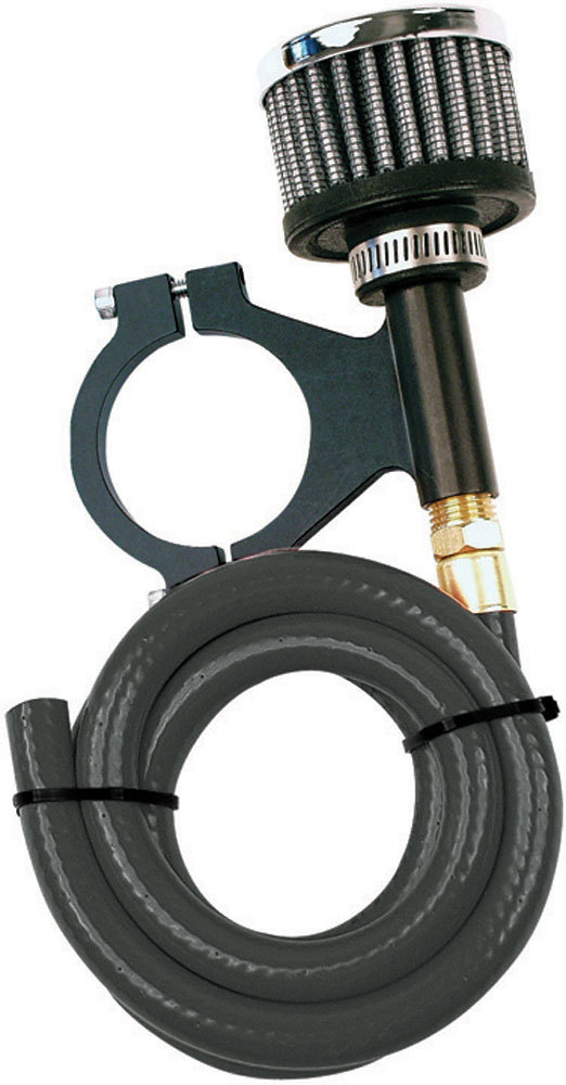 Longacre 52-22569 Breather, Clamp-On, Round, Axle Assembly, 1-1/2 in OD Tube, 36 in Hose / Remote Tube Mount Bracket Included, Aluminum, Black Anodized, Kit