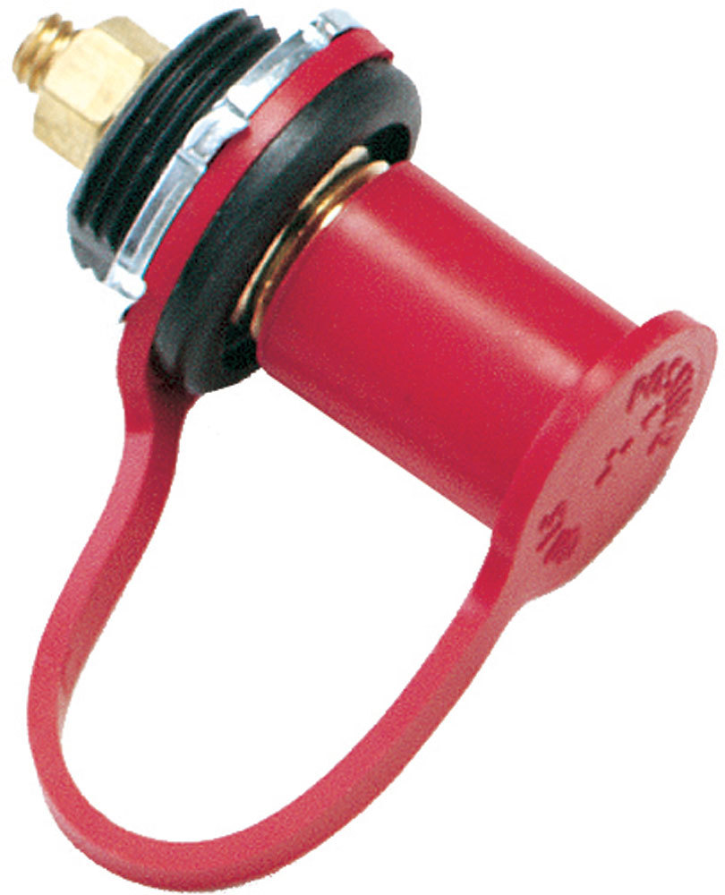 Longacre 52-45720 Remote Battery Terminal, 6V to 36V, 1-1/4 in Diameter Hole, 3/8-16 in Stud, Rubber Cap, Red, Each