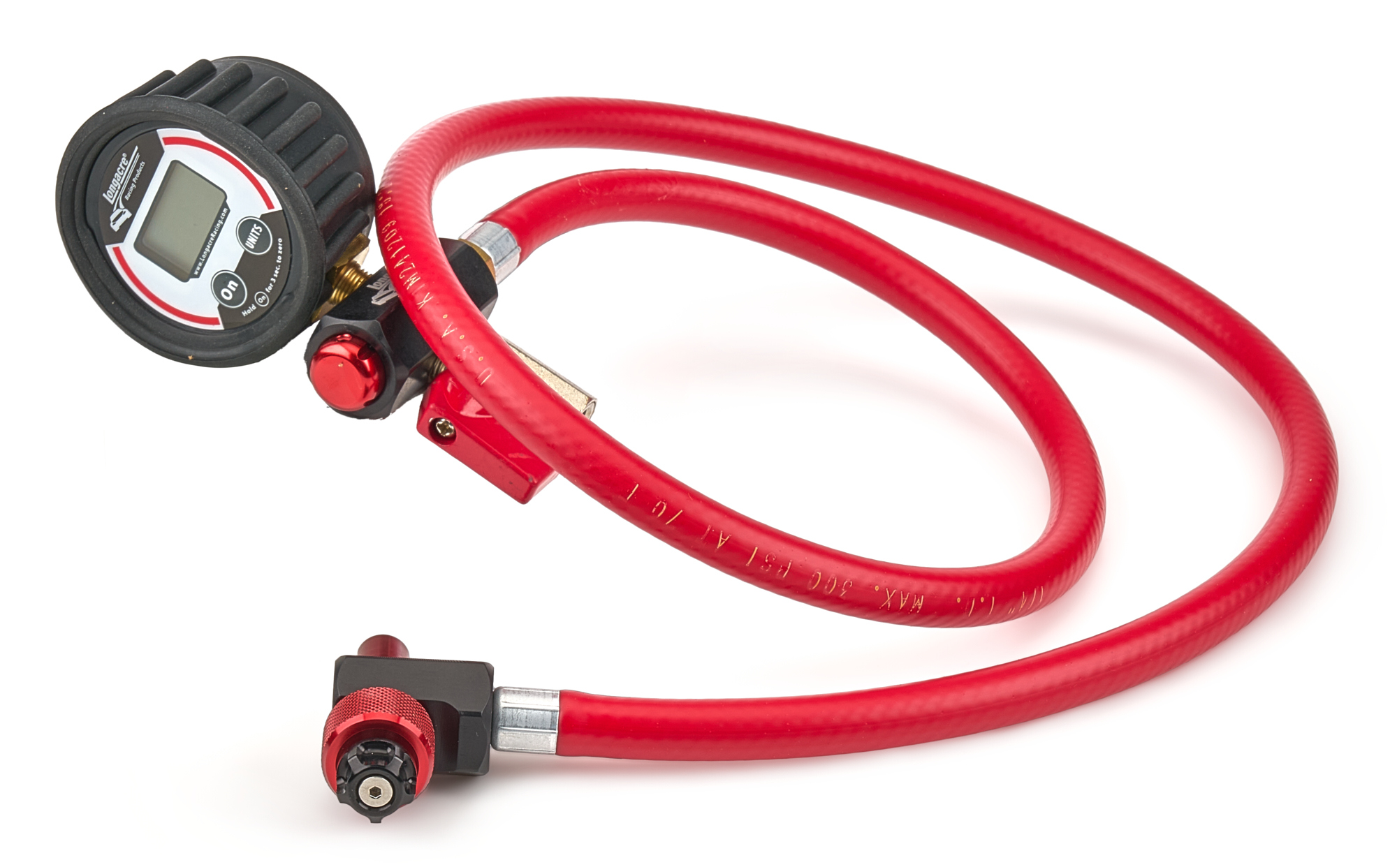 Shock Inflator And Gauge - Tank Mounted - 0-300 Psi - Digital - Hose Included - Black / Silver Face - Controlled Flow Inlet - Each