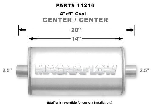 Magnaflow Exhaust 11216 Muffler, 2-1/2 in Center Inlet, 2-1/2 in Center Outlet, 14 x 9 x 4 in Oval Body, 20 in Long, Stainless, Natural, Universal, Each