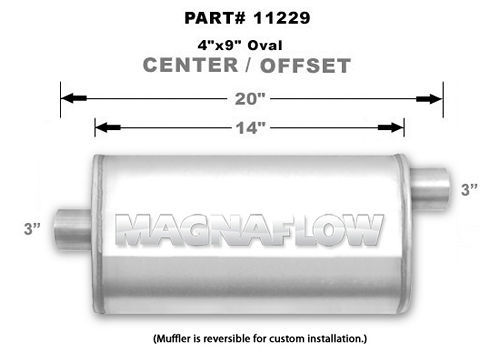 Magnaflow Exhaust 11229 Muffler, 3 in Offset Inlet, 3 in Center Outlet, 14 x 9 x 4 in Oval Body, 20 in Long, Stainless, Natural, Universal, Each