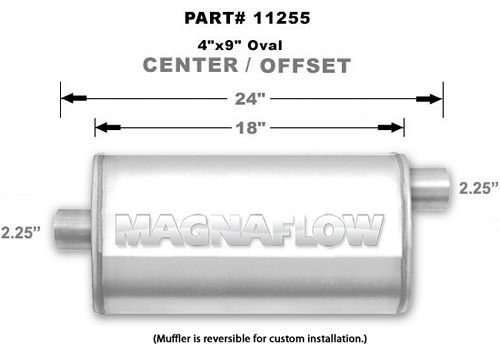 Magnaflow Exhaust 11255 Muffler, 2-1/4 in Offset Inlet, 2-1/4 in Center Outlet, 18 x 9 x 4 in Oval Body, 24 in Long, Stainless, Natural, Universal, Each