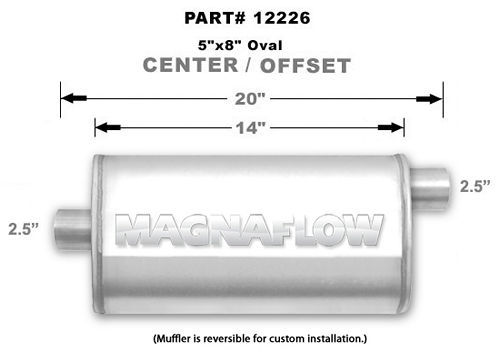 Magnaflow Exhaust 12226 Muffler, 2-1/2 in Center Inlet, 2-1/2 in Offset Outlet, 14 x 8 x 5 in Oval Body, 20 in Long, Stainless, Satin, Universal, Each