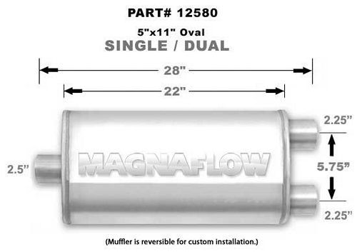 Magnaflow Exhaust 12580 Muffler, 2-1/2 in Center Inlet, Dual 2-1/4 in Outlets, 22 x 11 x 5 in Oval Body, 28 in Long, Stainless, Natural, Universal, Each