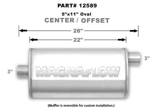 Magnaflow Exhaust 12589 Muffler, 3 in Center Inlet, 3 in Offset Outlet, 22 x 11 x 5 in Oval Body, 28 in Long, Stainless, Natural, Universal, Each