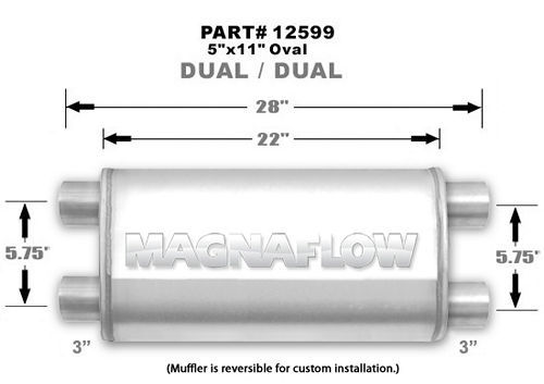 Magnaflow Exhaust 12599 Muffler, 3 in Dual Inlet, 3 in Dual Outlet, 22 x 11 x 5 in Oval Body, 28 in Long, Stainless, Satin, Universal, Each