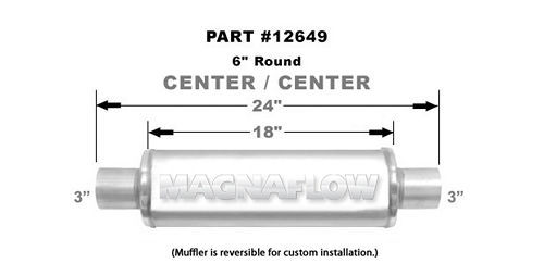 Magnaflow Exhaust 12649 Muffler, 3 in Center Inlet, 3 in Center Outlet, 6 in Diameter, 24 in Long, Stainless, Satin, Universal, Each
