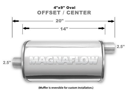 Magnaflow Exhaust 14326 Muffler, 2-1/2 in Offset Inlet, 2-1/2 in Center Outlet, 14 x 9 x 4 in Oval Body, 20 in Long, Stainless, Polished, Universal, Each