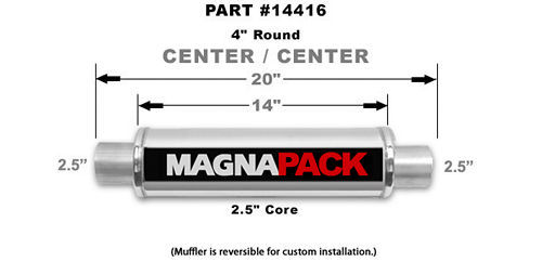 Magnaflow Exhaust 14416 Muffler, Bullet, 2-1/2 in Center Inlet, 2-1/2 in Center Outlet, 4 in Diameter Body 20 in Long, Stainless, Polished, Universal, Each