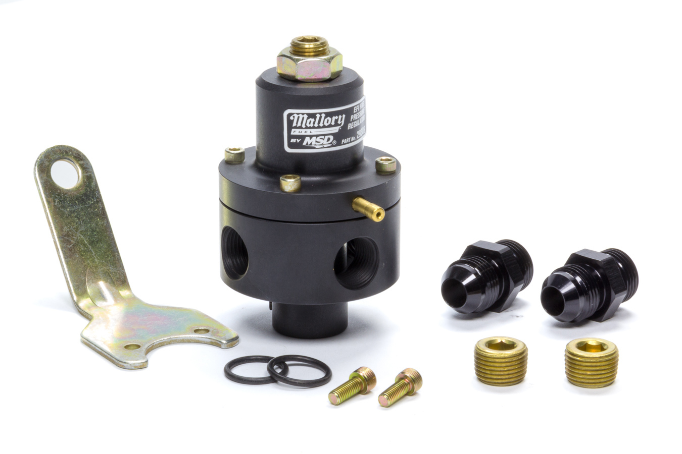 Mallory 29389 Fuel Pressure Regulator, 30 to 100 psi, In-Line, Return Style, 8 AN Female O-Ring Inlet, Three 3/8 in NPT Female Outlets, 8 AN Female O-Ring Return, Bypass, Fittings Included, Aluminum, Black Anodized, Gas, Each