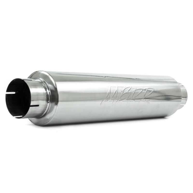 MBRP M1004S Muffler, Installer Series, 4 in Center Inlet, 4 in Center Inlet Outlet, 6 in Round Body, 30 in Long Overall, Stainless, Natural, Universal, Each