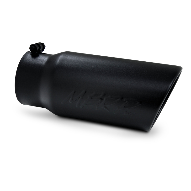 MBRP T5051BLK Exhaust Tip, Black Series Diesel Exhaust Tips, Clamp-On, 4 in Inlet, 5 in Round Outlet, 12 in Long, Single Wall, Rolled Edge, Angled Cut, Stainless, Black Powder Coat, Each