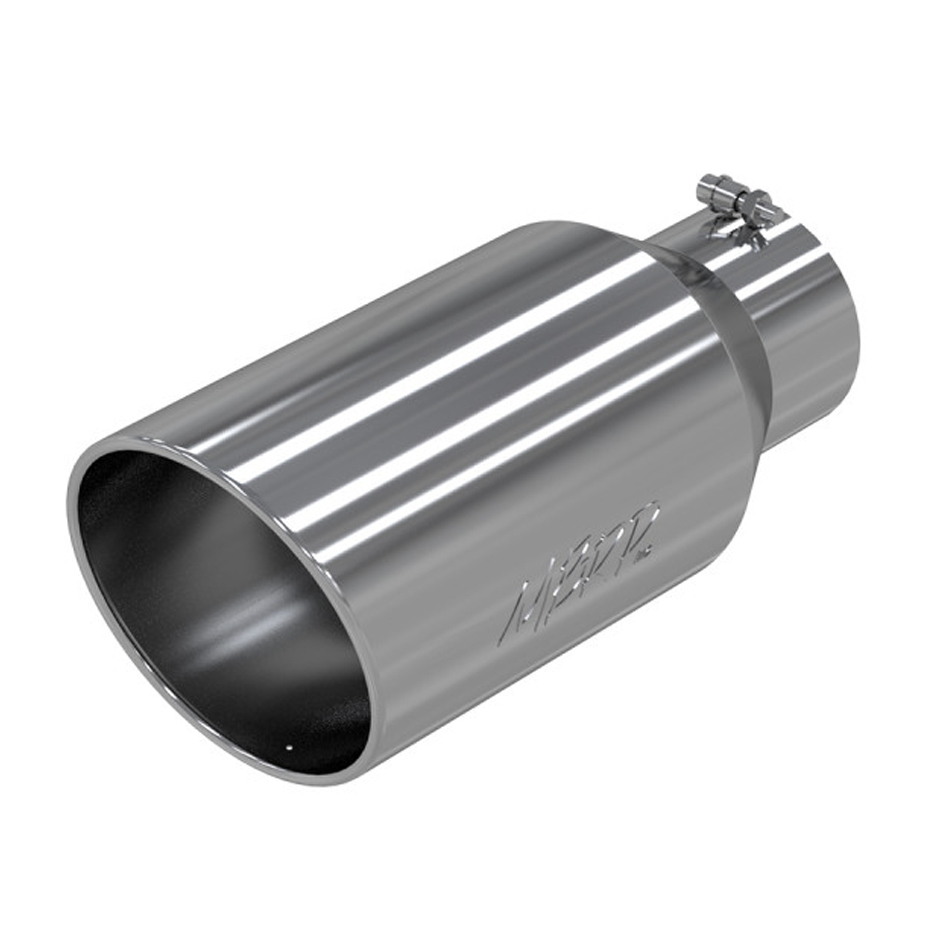 MBRP T5129 Exhaust Tip, Pro Series Performance Gas and Muscle Car Exhaust Tips, Clamp-On, 5 in Inlet, 8 in Round Outlet, 18 in Long, Single Wall, Rolled Edge, Angled Cut, Stainless, Polished, Each