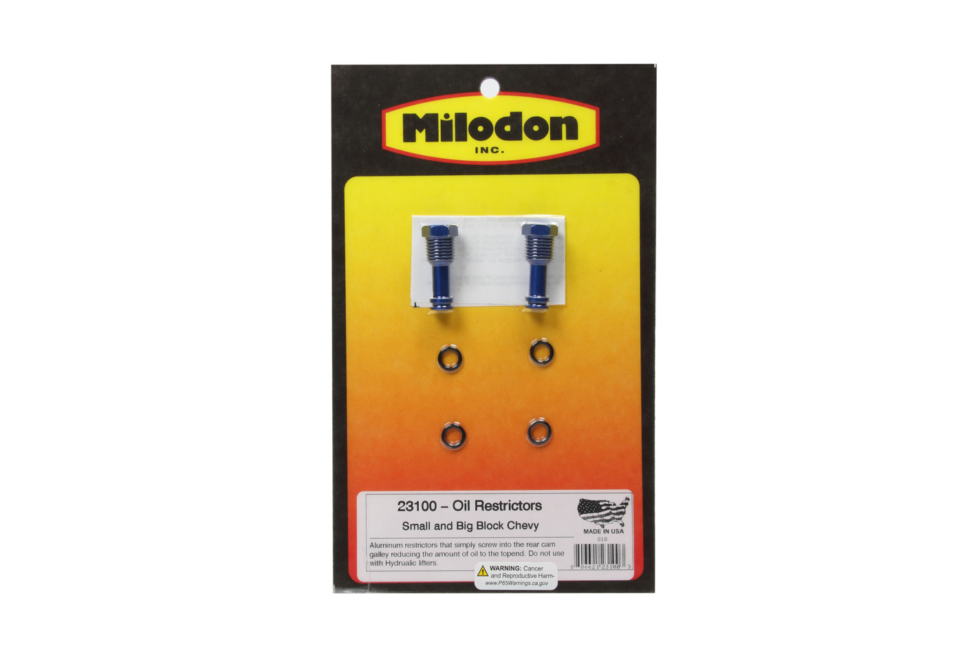 Milodon Oil Flow Restrictor Plugs 23100 Restrictors, .0625 in. Orifice Diameter, Aluminum, Chevy, Big Block/Small Block, Pair thumbnail 3