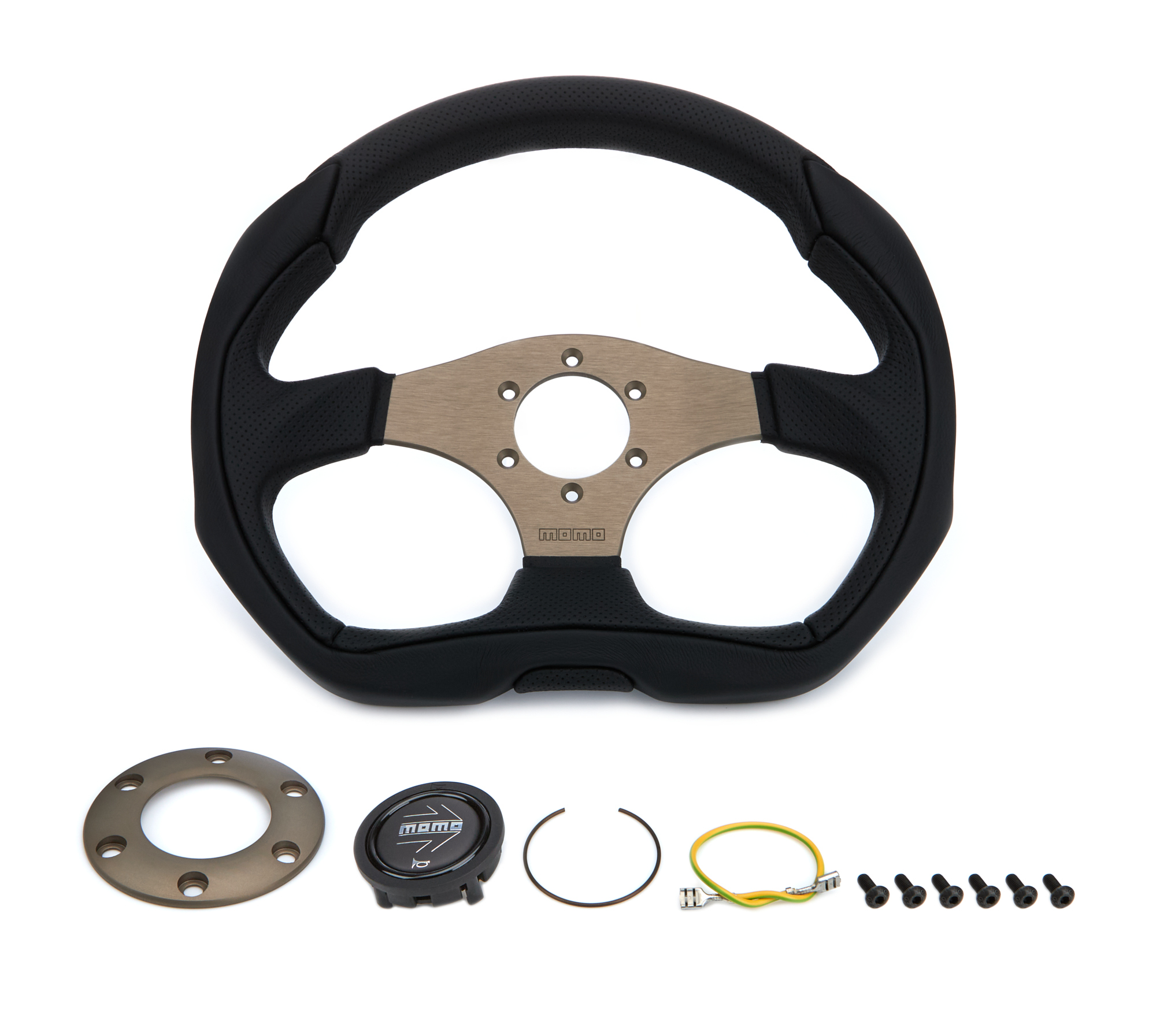 Momo EAG35BK0S Steering Wheel, Eagle, 350 mm Diameter, 40 mm Dish, 3-Spoke, Black Leather Grip, Aluminum, Gray Anodized, Each