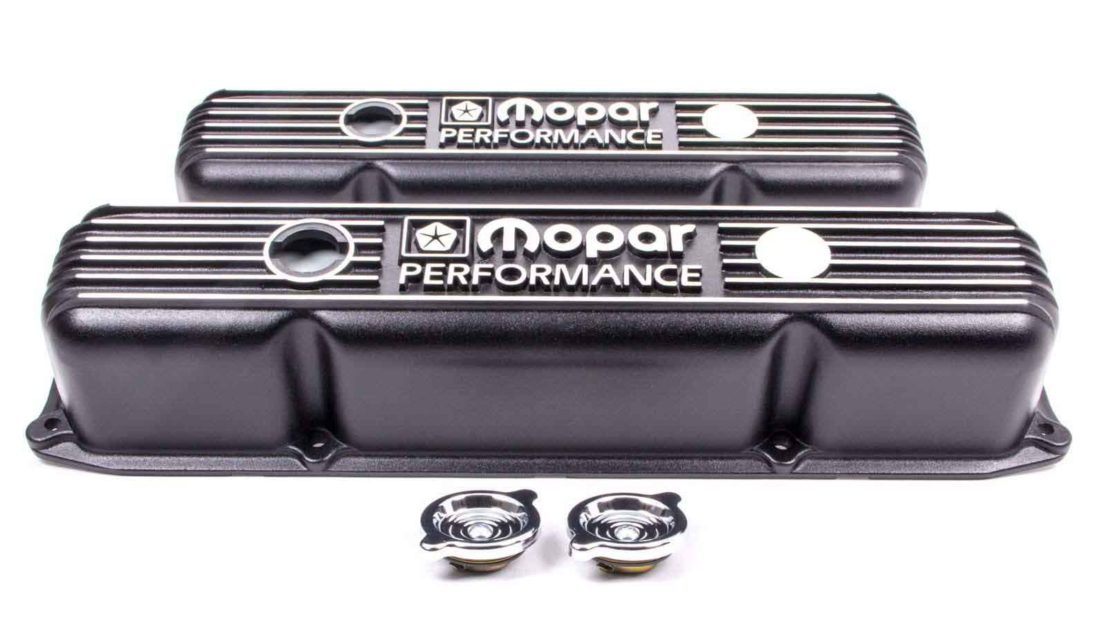 Mopar Performance P5007614 Valve Cover, Stock Height, Baffled, Breather Holes, Caps, Mopar Logo, Aluminum, Black Paint, Mopar B / RB-Series, Pair