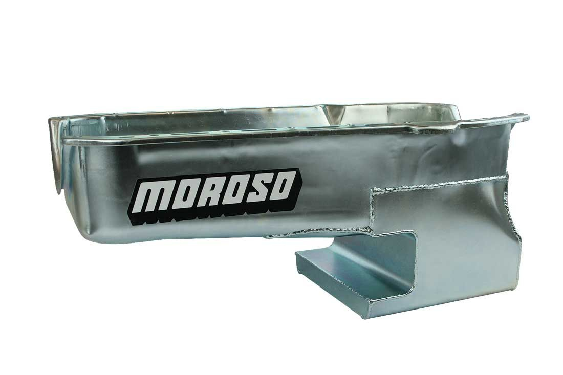 Moroso 20213 Engine Oil Pan, Fabricated, Rear Sump, 6 qt, 9 in Deep, 4-Bolt Caps, Steel, Zinc Oxide, Passenger Side Dipstick, Small Block Chevy, Each