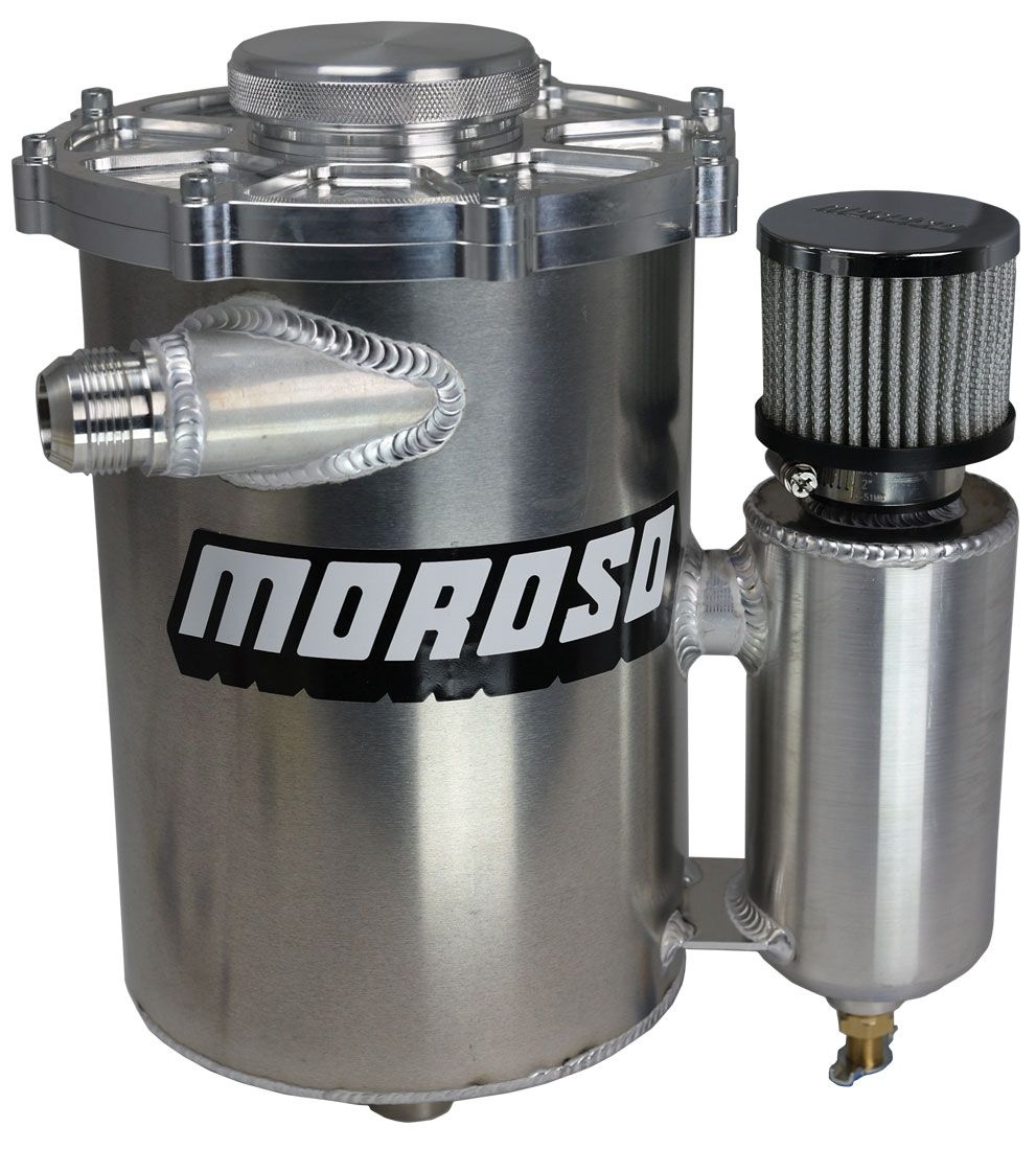 Moroso 22612 Oil Tank, Dry Sump, 5 qt, 13 in Tall, 7 in Diameter, 16 AN Male Inlet, 12 AN Male Outlet, Breather Tank, Aluminum, Natural, Each