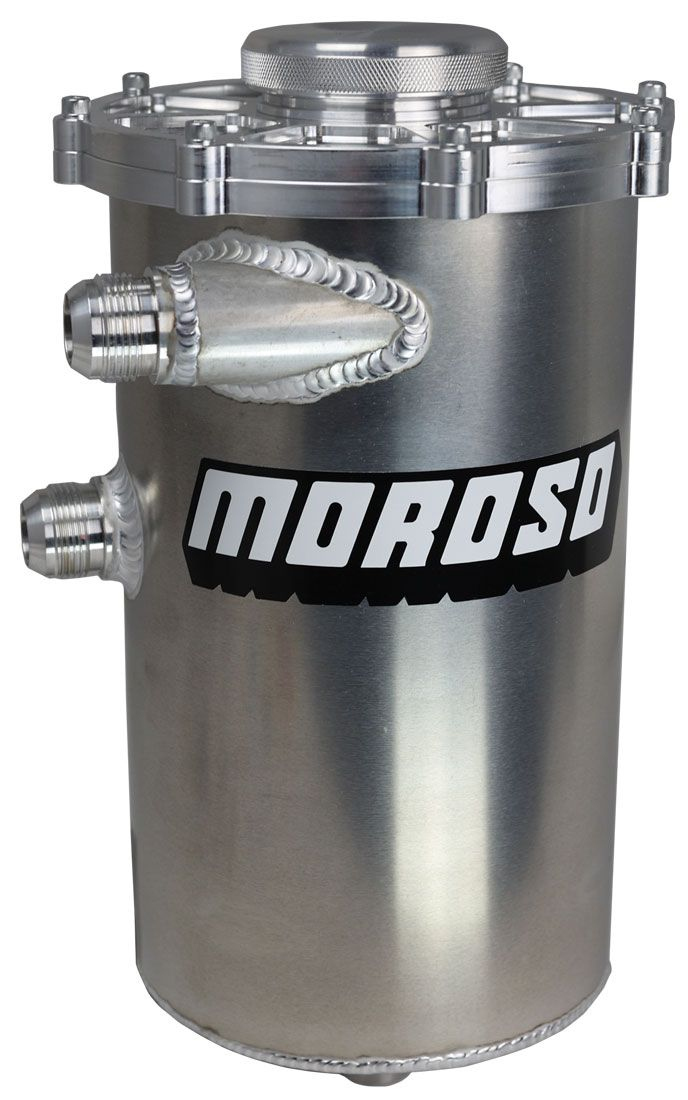 Moroso 22613 Oil Tank, Dry Sump, 6 qt, 15 in Tall, 7 in Diameter, 16 AN Male Inlet, 12 AN Male Outlet, 16 AN O-Ring Breather Port, Aluminum, Natural, Each