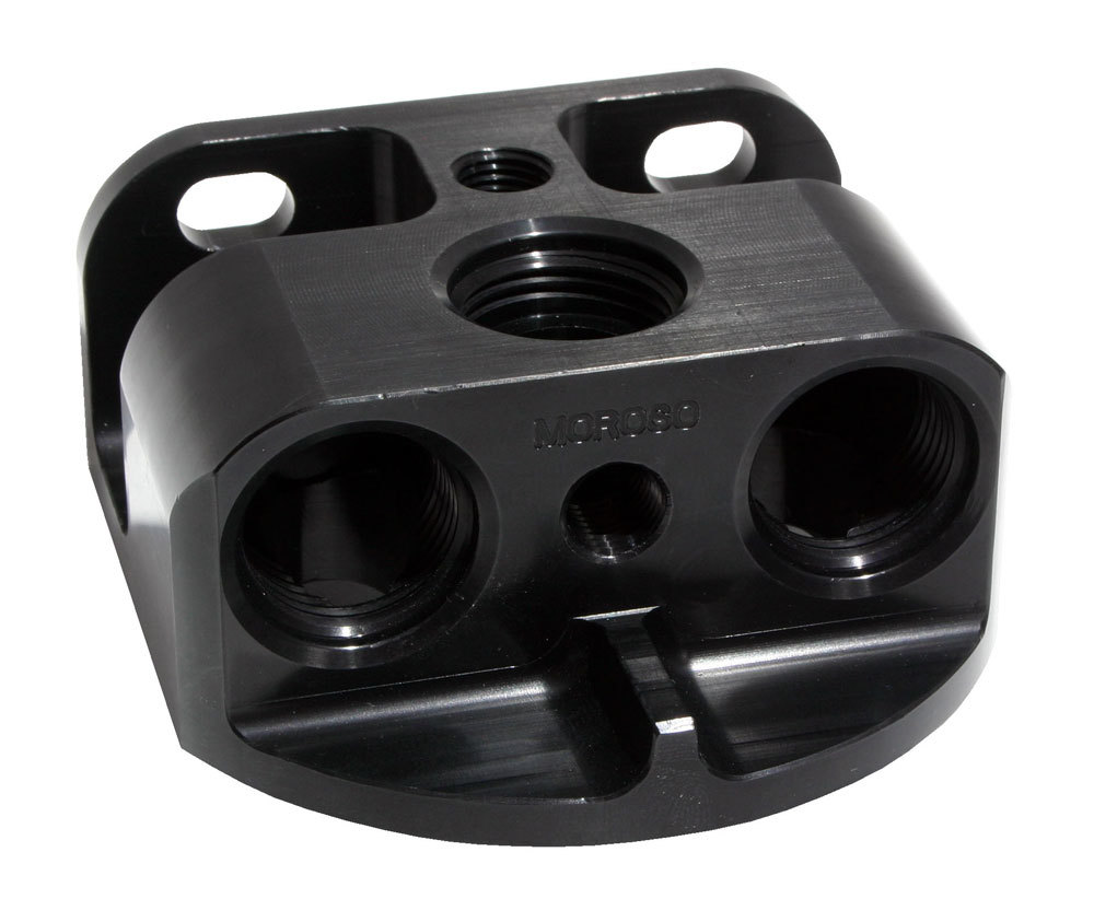 Moroso 23764 Oil Filter Mount, Front Port Style, 12 AN Ports, Two 1/4 in NPT Ports, Billet Aluminum, Black Anodized, Spin on Filters, Kit