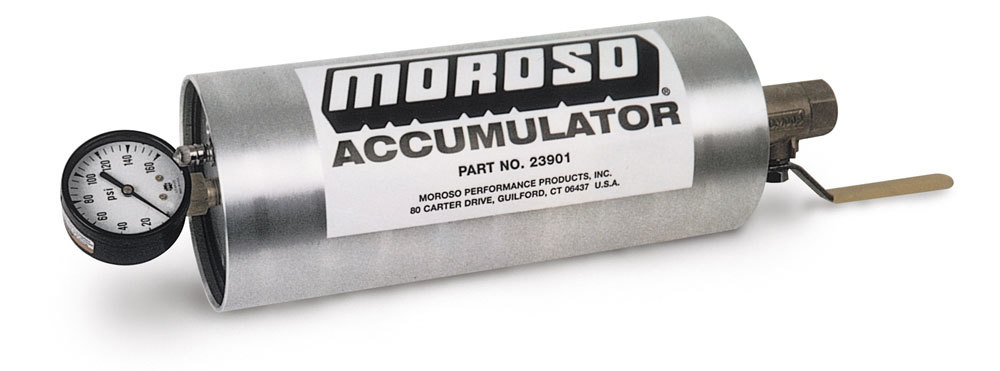 Moroso 23901 Oil Accumulator, 1.5 qt Capacity, 10 x 4-1/4 in, 1/2 in NPT Fitting / Shutoff, Aluminum, Natural, Each