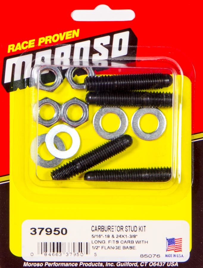 Moroso 37950 Carburetor Stud, Bullet Nose, 5/16-18 and 5/16-24 in Thread, 1.375 in Long, Steel, Zinc Oxide, Set of 4